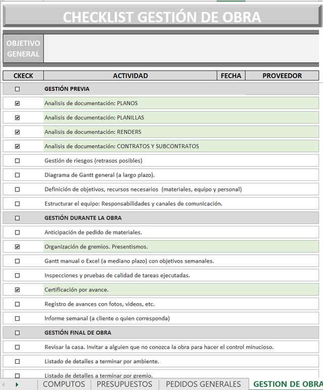 CHECK LIST DIRECCIÓN DE OBRA - COMPLETO FORMATO EXCEL - Arquitecta ...