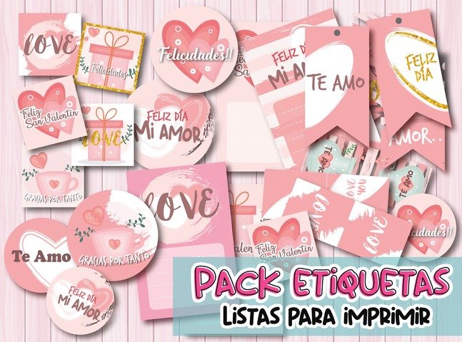 Pack de etiquetas Listas para imprimir enamorados rosa