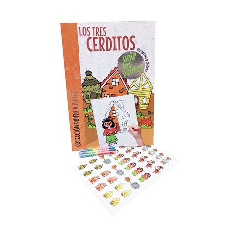 Libro Infantil Clásicos Punto a Punto para Colorear + Stickers Los 3 Cerditos