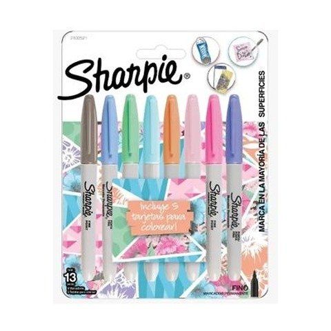 Marcador Sharpie set x 8 Fino (Fibra) Pastel + 5 Tarjetas para Colorear