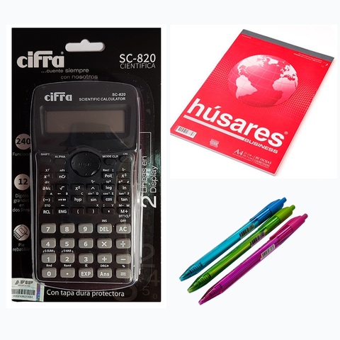 Promo calculadora Cientifica Cifra + Block + 3 Lapiceras (calculadora negra)