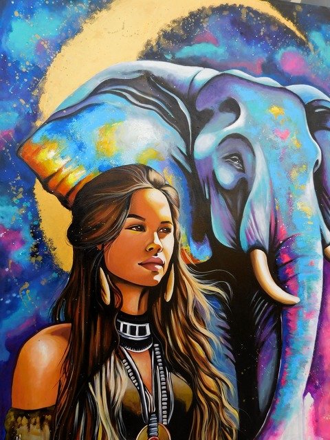 Cuadro Mujer y elefante - Nüshvek - 100 x 80 cm 